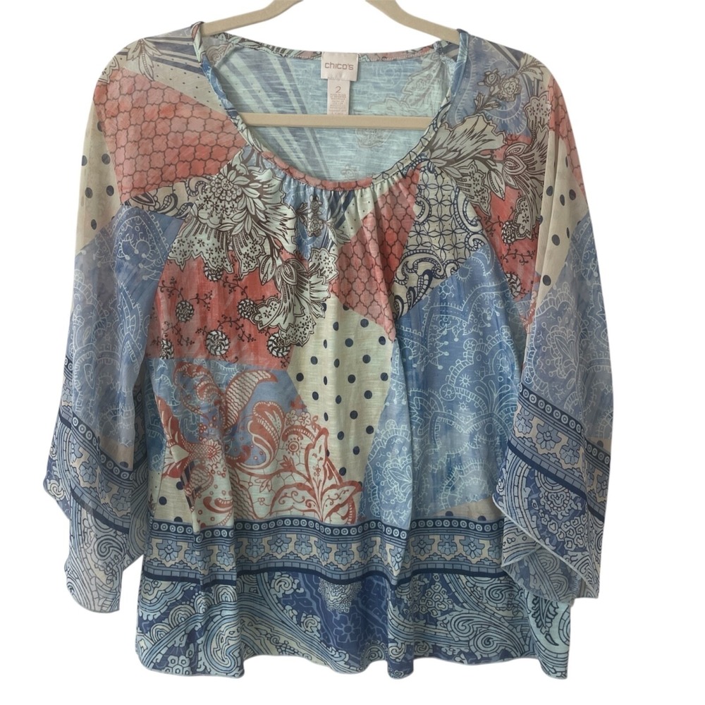 Chico's Blouse Women L Blue Patchwork Paisley Floral 3/4 Sleeve Sheer Top